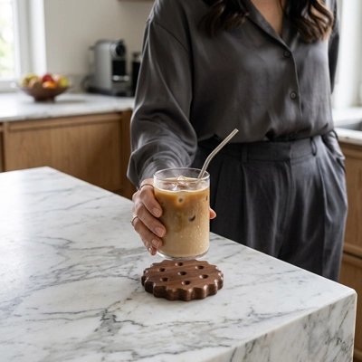 Sous verre​ cookies sur comptoir femme dépose son verre