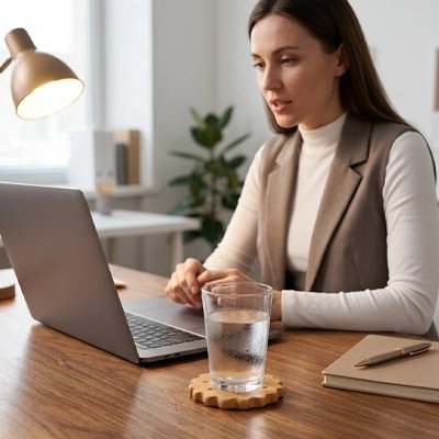 Sous verre​ cookies verre déposé par une femme devant son écran 