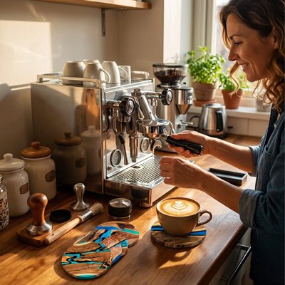 Sous verre Élégants devant machine à expresso