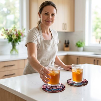 Sous verre Maison Japonaise femme avec deux verres de thé glacé