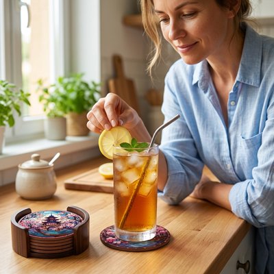 Sous verre Maison Japonaise femme avec verre de thé glacé