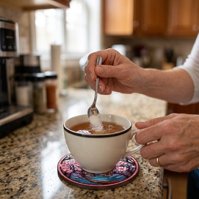 Sous verre Maison Japonaise femme verse sucre dans une tasse