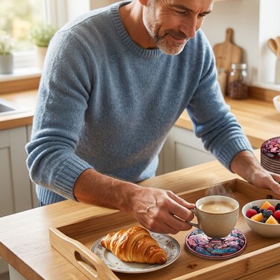 Sous verre Maison Japonaise homme dépose son café