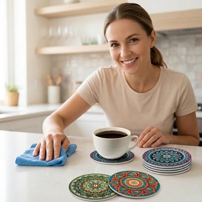 Sous verre Mandala femme devant café