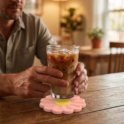 Sous verre​ Marguerite homme dépose son verre sur un sous verre