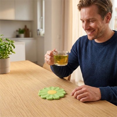 Sous verre​ Marguerite homme tient un café au dessus du sous verre