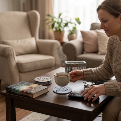 Sous verre Protection Vintage femme dépose son café