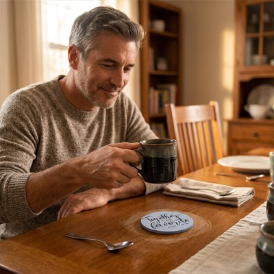 Sous verre Protection Vintage homme assis à la table dépose son café