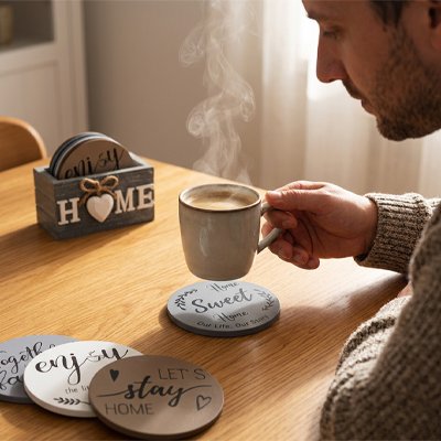 Sous verre Protection Vintage homme dépose son café