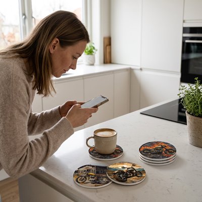 Sous verres​ Absorbants Élegants  femme photographie son café sur des sous verres