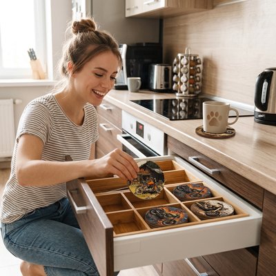 Sous verres​ Absorbants Élegants femme range ses sous verres dans un tiroir