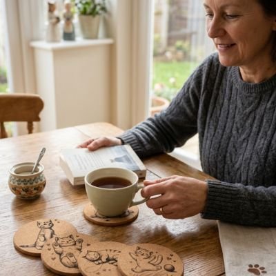 Sous verres Chat Joyeux femme avec livre tient tasse de café