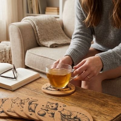 Sous verres Chat Joyeux femme dépose stasse