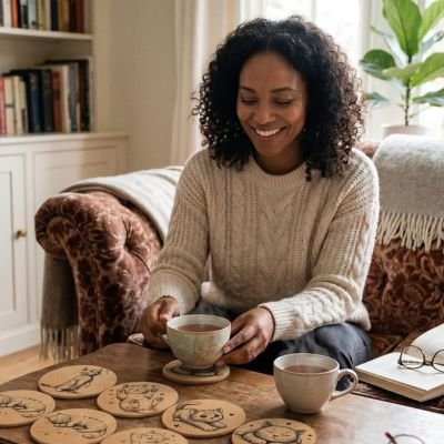 Sous verres Chat Joyeux femme saisit sa tasse