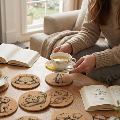 Sous verres Chat Joyeux femme tient tasse de thé
