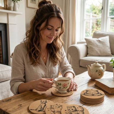 Sous verres Chat Joyeux femme tient tasse sur le sous verre