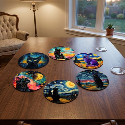 Sous verres Chat Nocturne sur table