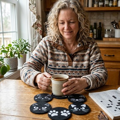 Sous verres Chat Noir femme tient tasse
