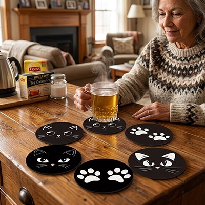 Sous verres Chat Noir femme tient verre