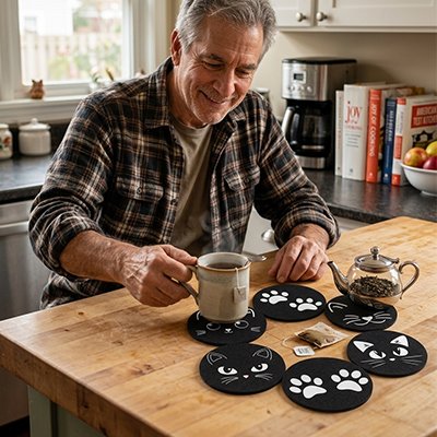 Sous verres Chat Noir homme dépose son thé