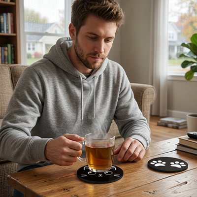 Sous verres Chat Noir homme tient tasse