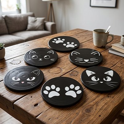 Sous verres Chat Noir sur table