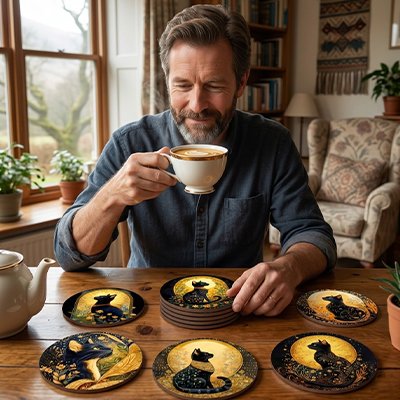 Sous verres Chats Nocturnes étalés sur table devant homme