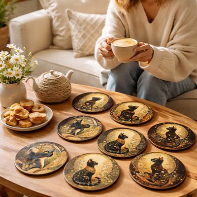 Sous verres Chats Nocturnes étalés sur table devant femme