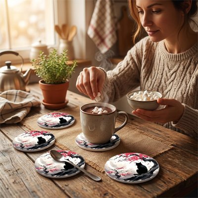 Sous verres​ Chats Noirs femme ajoute chamallows dans tase