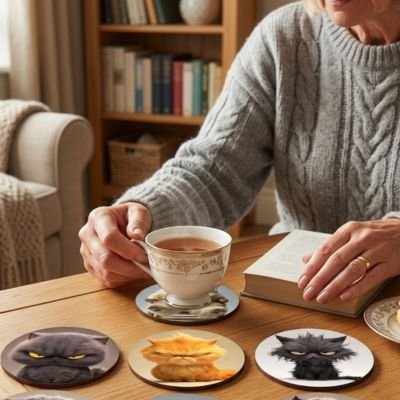 Sous verres Drôle de chats femme dépose tasse de thé