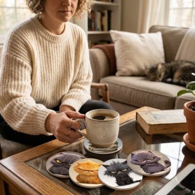 Sous verres Drôle de chats femme saisit tasse de café