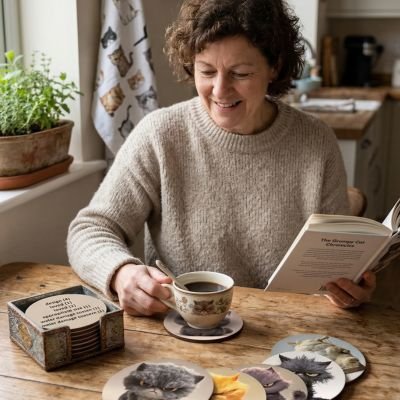 Sous verres Drôle de chats femme tient tasse de café