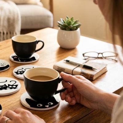 Sous verres Élégant Félin café déposé sur un sous verre