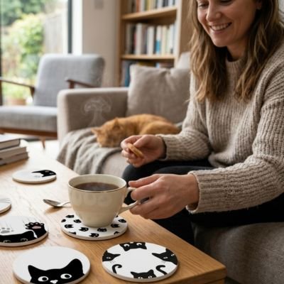 Sous verres Élégant Félin femme avec biscuit prens tasse de café