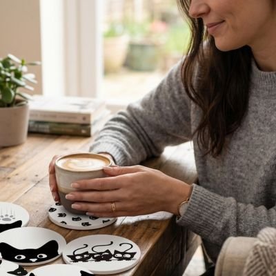 Sous verres Élégant Félin femme dépose son café