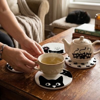 Sous verres Élégant Félin femme dépose thé