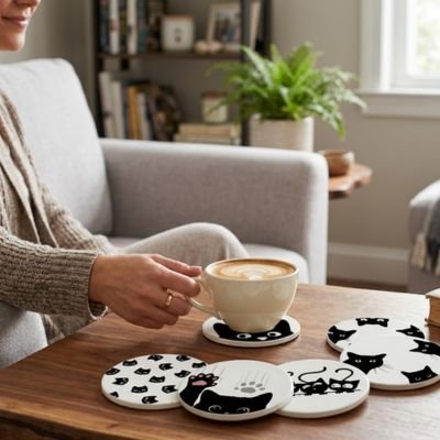 Sous verres Élégant Félin femme tient son café