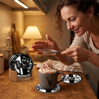 Sous verres​ Musicaux femme saupoudrer chocolat sur café