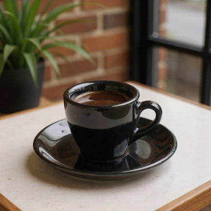 Tasse expresso Céramique Éclatante noire sur table