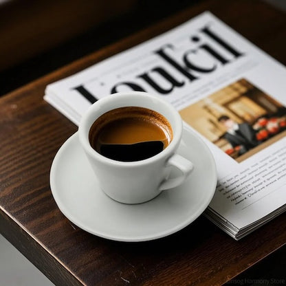 Tasse expresso Céramique Èclatante sur table avec revues