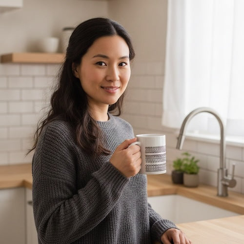 Tasse pour café Équioxe femme tient tsa tasse dans june cuisine