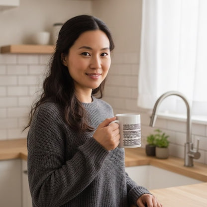 Tasse pour café Équioxe femme tient tsa tasse dans june cuisine