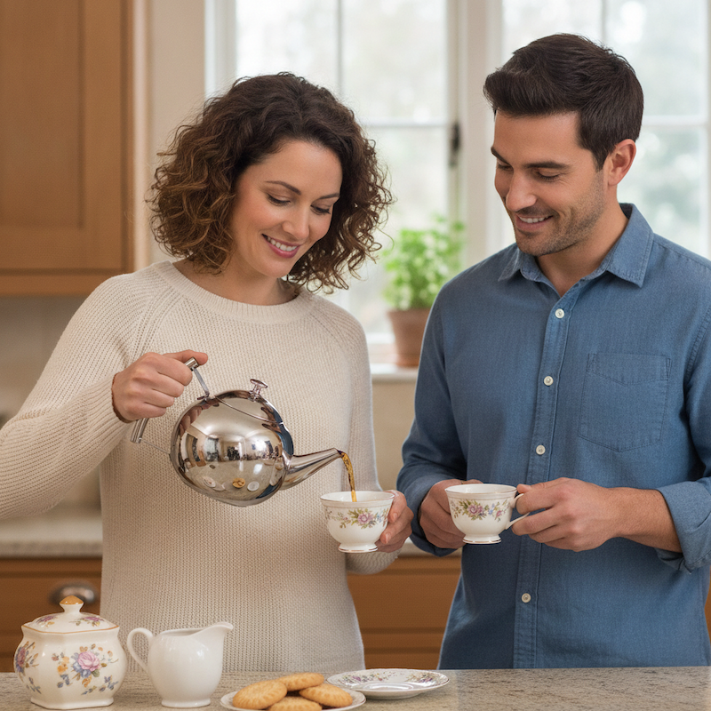Theiere AquaSteel femme verse le thé dans une tasse