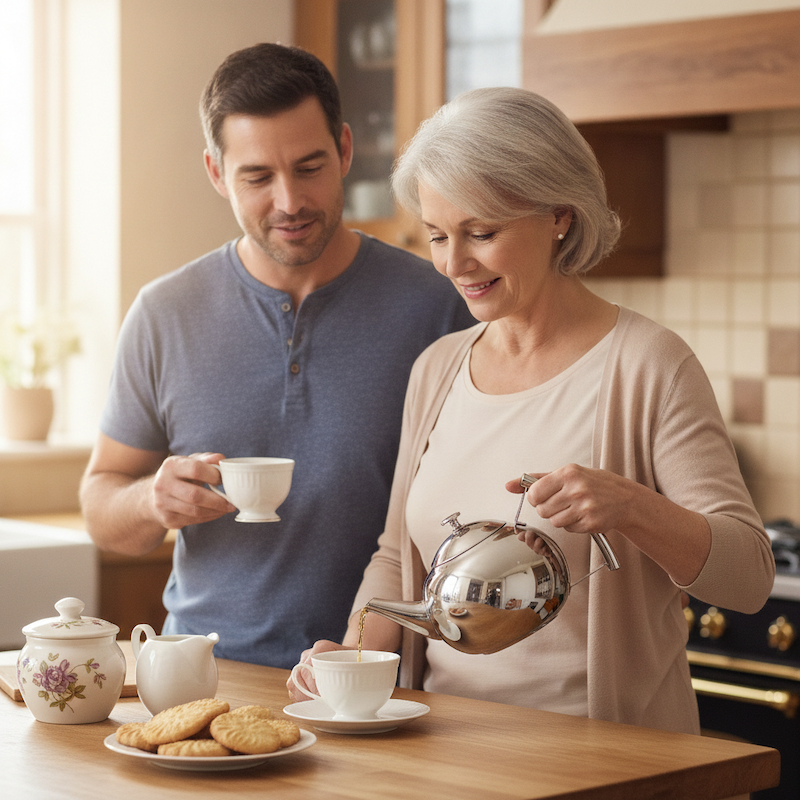 Theiere AquaSteel femme verse le thé dans une tasse