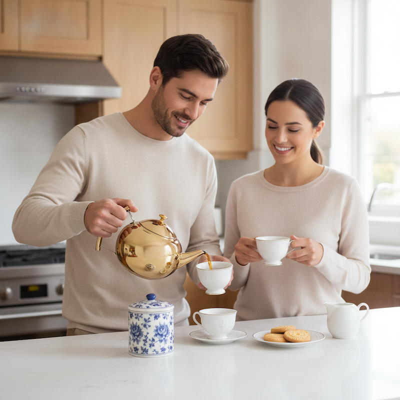 Theiere AquaSteel homme verse le thé dans une tasse