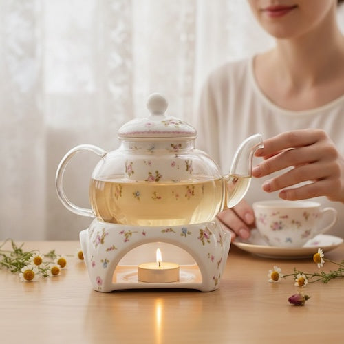 Théière avec infjuseur Porcelaine Vintage admiré par une femme 