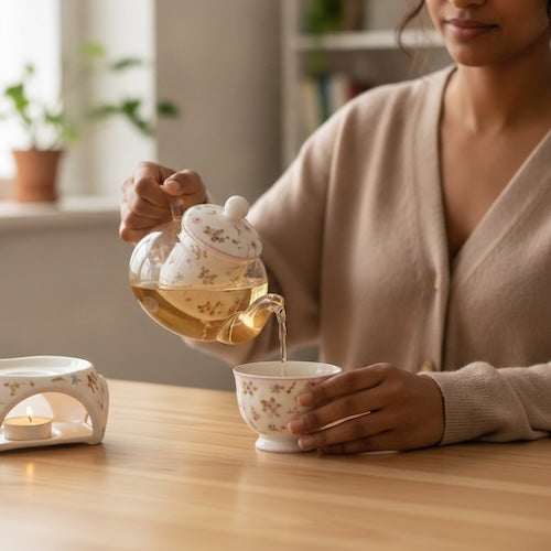 Théière avec infjuseur Porcelaine Vintage femme se verse une tasse de thé
