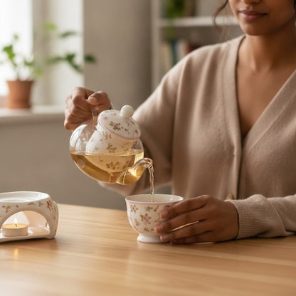 Théière avec infjuseur Porcelaine Vintage femme se verse une tasse de thé