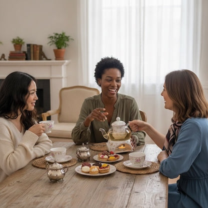 Théière avec infjuseur Porcelaine Vintage femmes autour d'une table dégusgtent le thé
