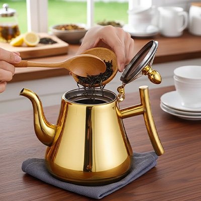 Théière ÉléganceOr recevant feuille de thé